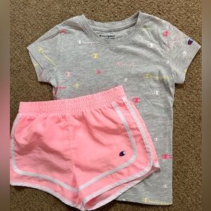 Champion girls short set. Pink shorts with gray logo T size 6X